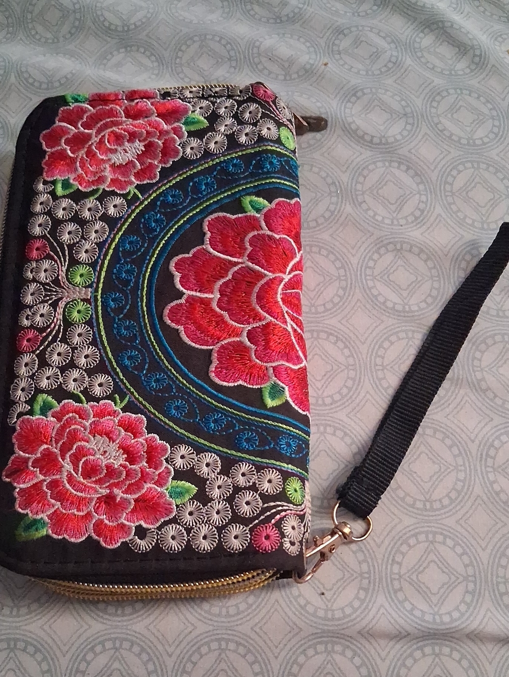 Embroidered Floral Wristlet Bag - Black with Red Flowers